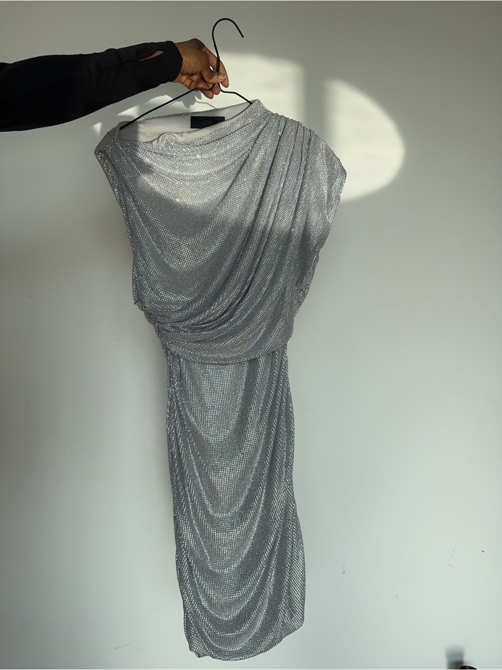 Zara One-Shoulder Silver Draped Cocktail Dress